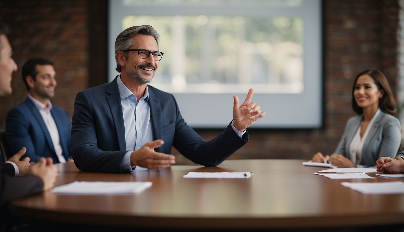 A financial advisor confidently addressing a group, gesturing with authority and expertise. A sign or banner displaying "Frequently Asked Questions" prominently in the background