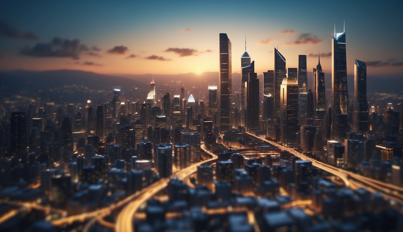 A bustling city skyline with upward trending arrows representing economic growth, surrounded by symbols of financial success and achievement