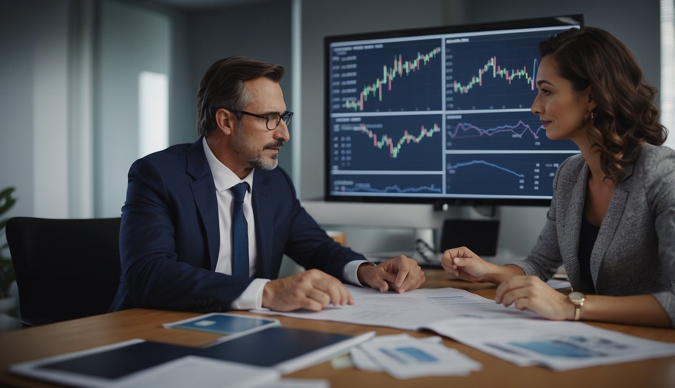 A financial advisor sits at a desk, surrounded by charts and graphs. A client listens attentively as the advisor explains investment options