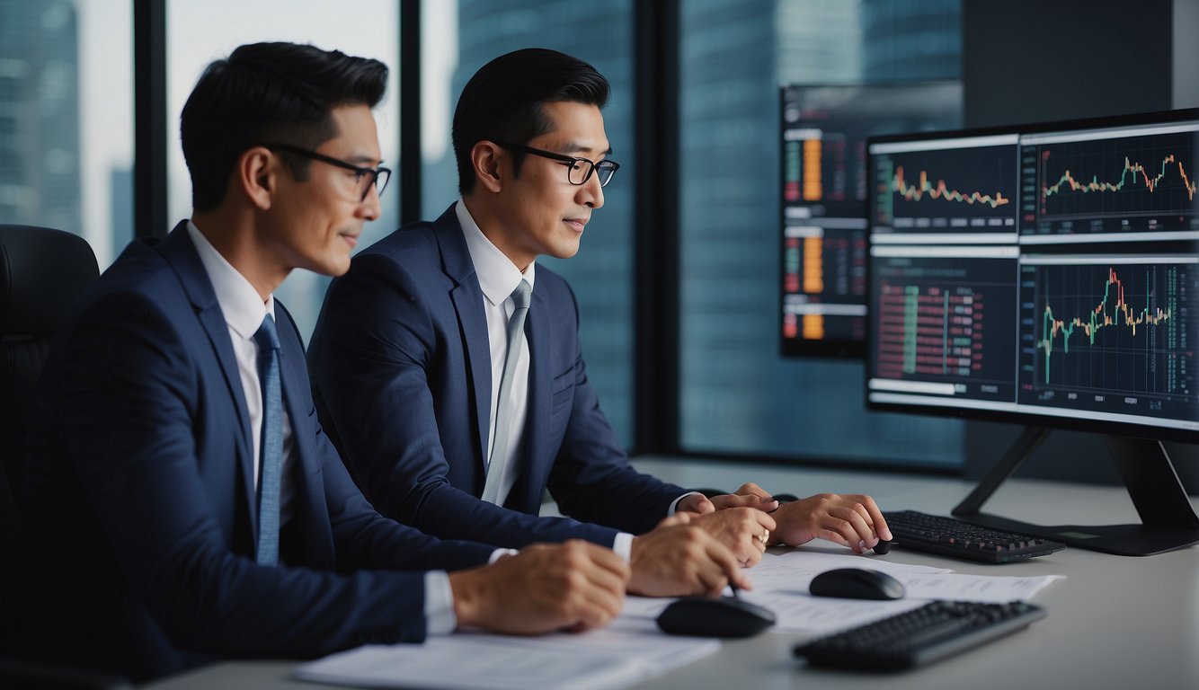 A financial advisor in Singapore provides guidance to clients, surrounded by charts, graphs, and a computer, creating a professional and focused atmosphere