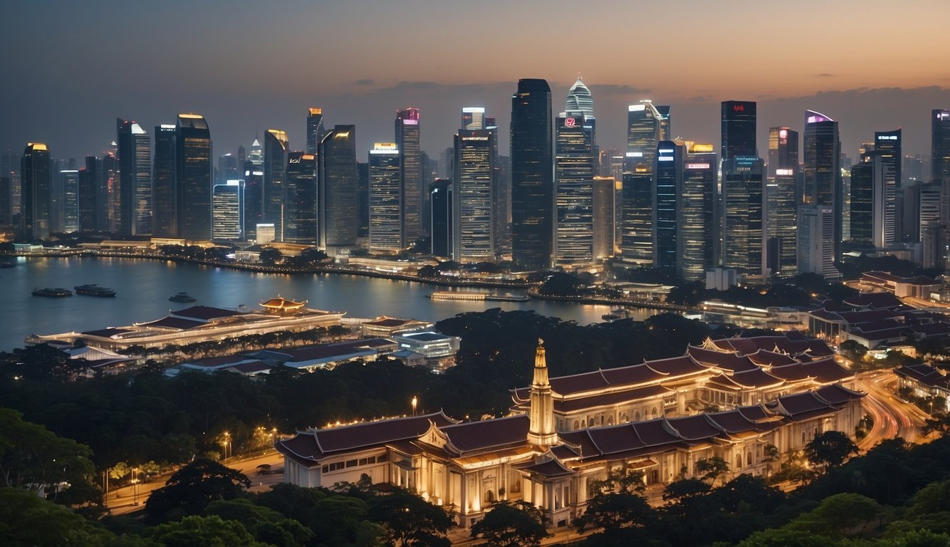A bustling city skyline with a mix of modern skyscrapers and traditional shophouses, symbolizing the diverse opportunities and strategies for surpassing the average income in Singapore
