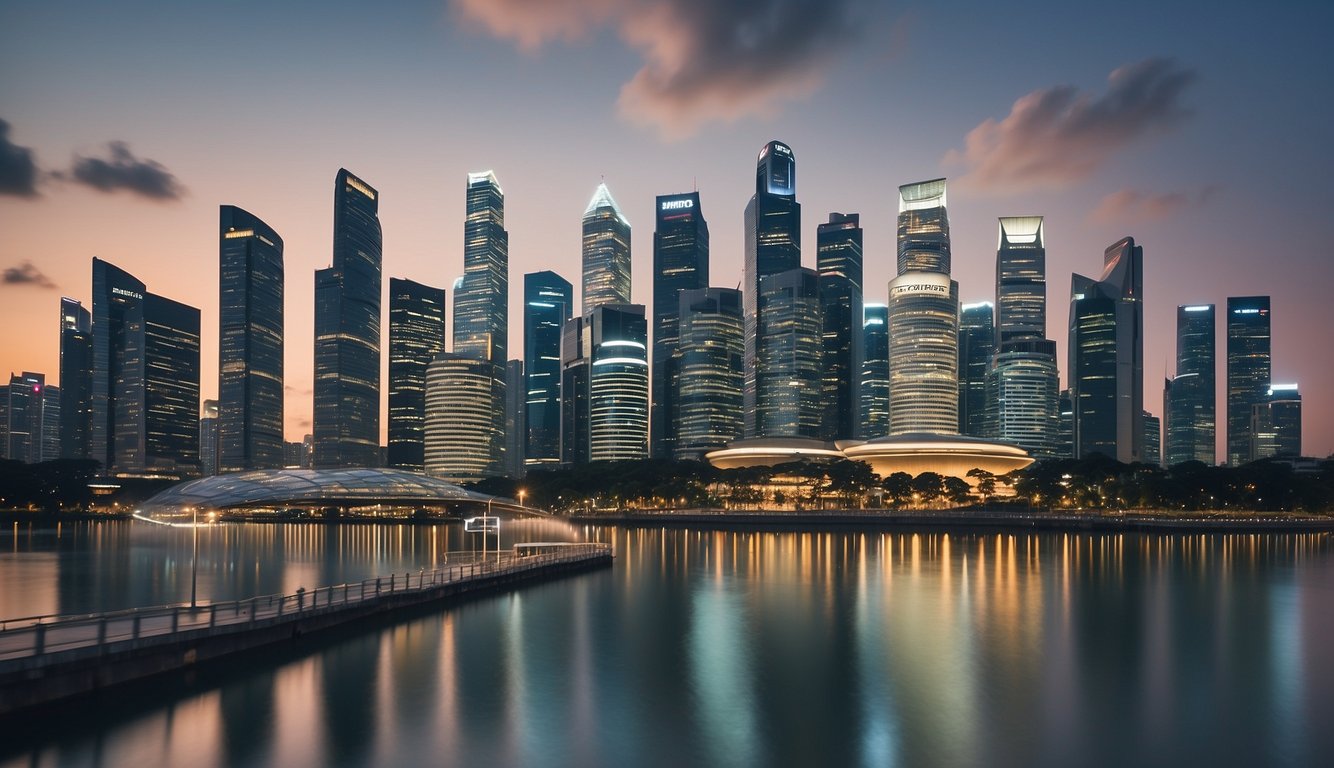 A bustling city skyline with various financial institutions and government buildings, showcasing the dynamic relationship between government contributions and financial planning in Singapore