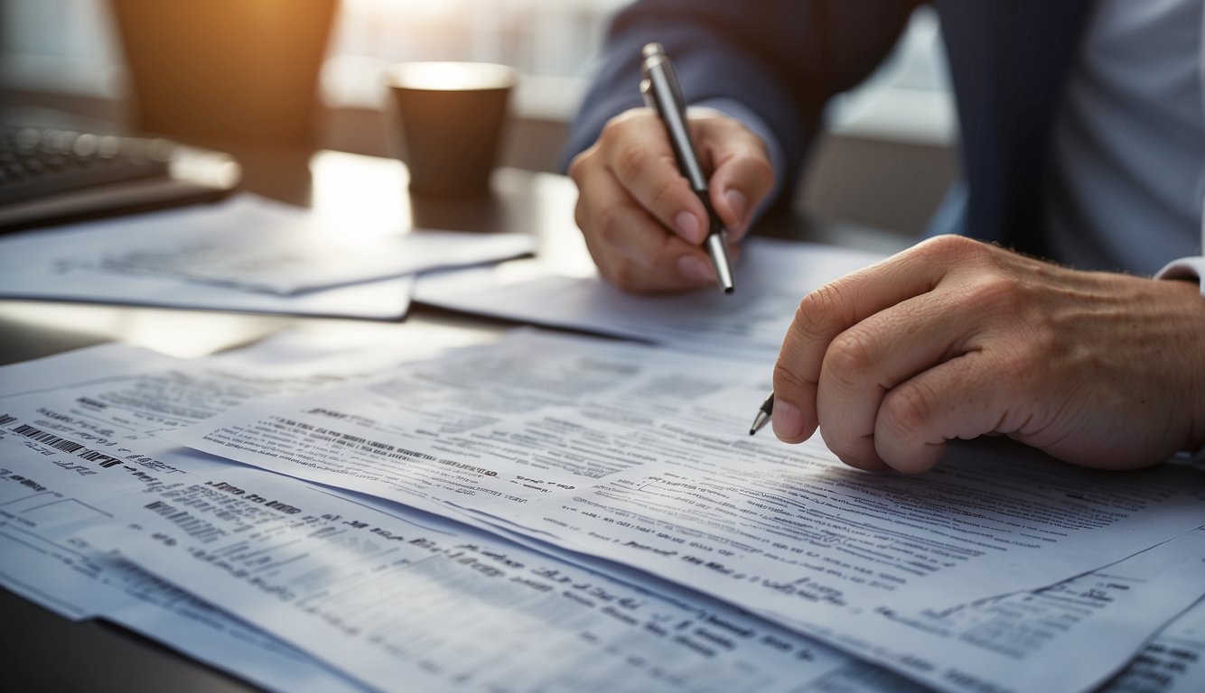 A person reviewing tax forms and financial statements, with charts and graphs showing income growth and goals being surpassed