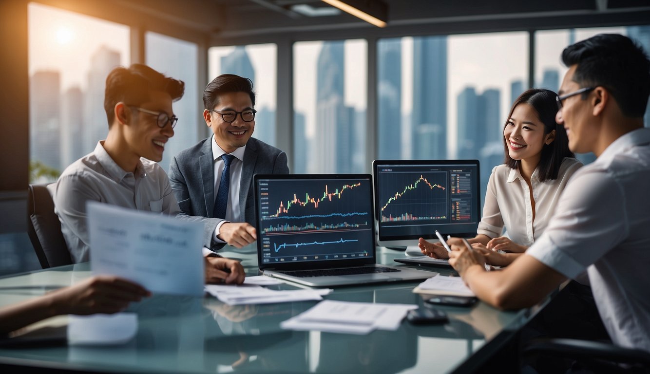 People of various backgrounds working towards financial success in Singapore, with charts and graphs showing income growth and strategies for exceeding average income