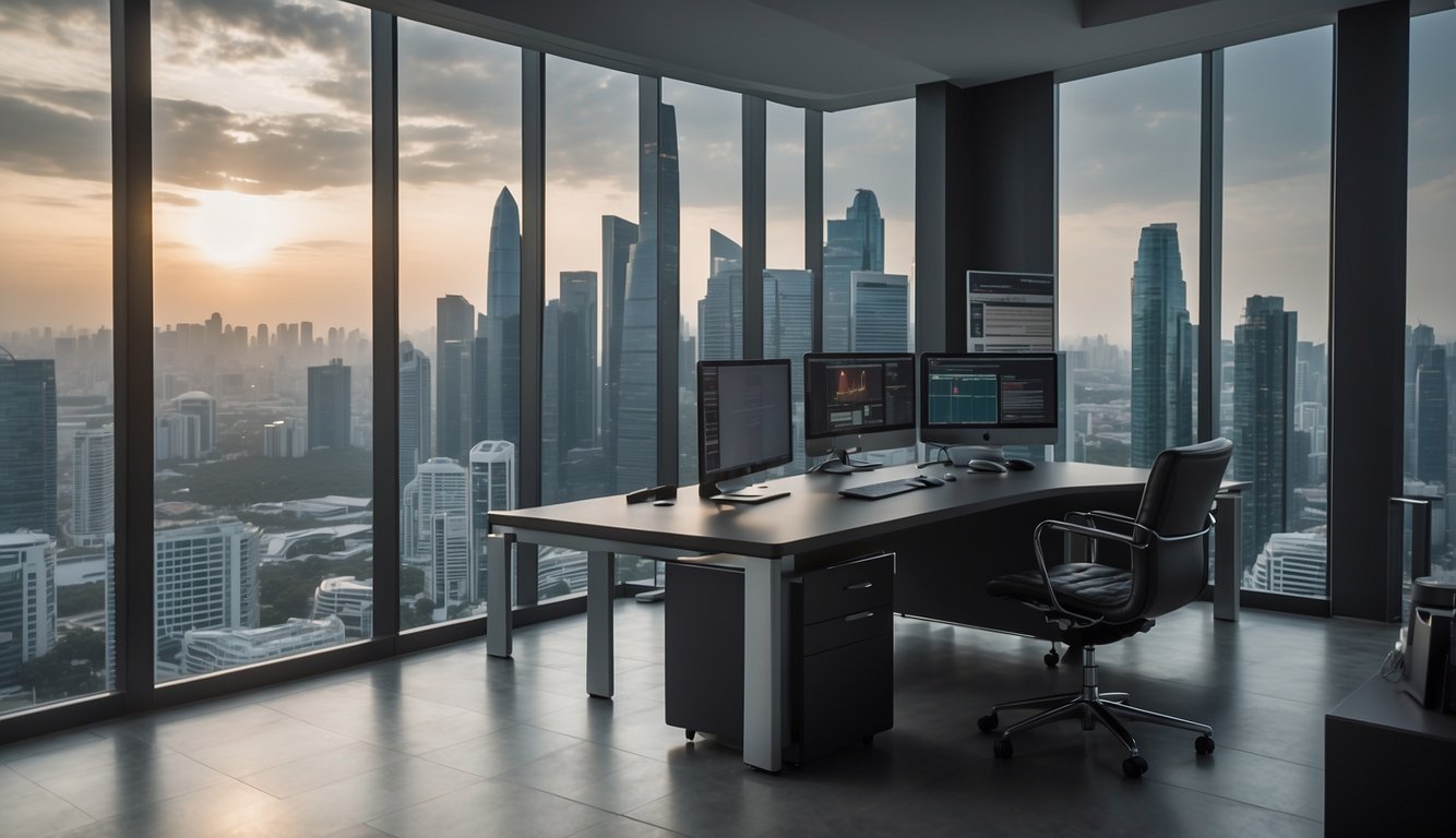 A sleek office in Singapore, with modern furniture and a skyline view. A desk holds financial reports and a computer, while charts and graphs adorn the walls