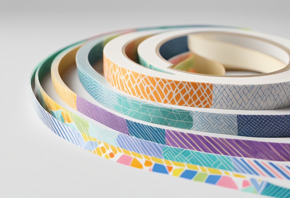 A large roll of washi tape sits on a clean white surface, with its colorful and patterned designs visible