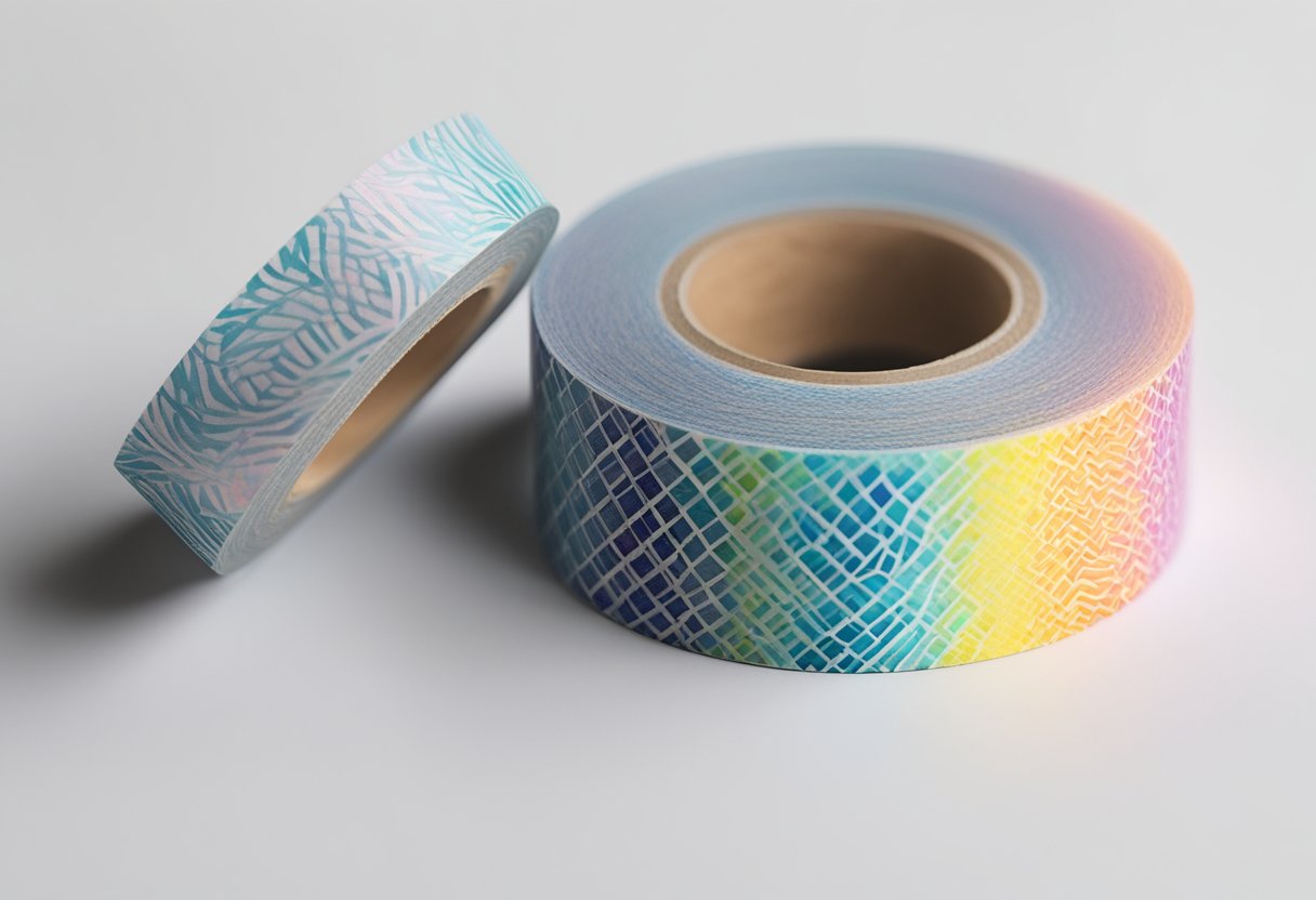 A large roll of washi tape sits on a clean, white surface, with its intricate and colorful patterns visible. The tape is neatly wound and ready for use