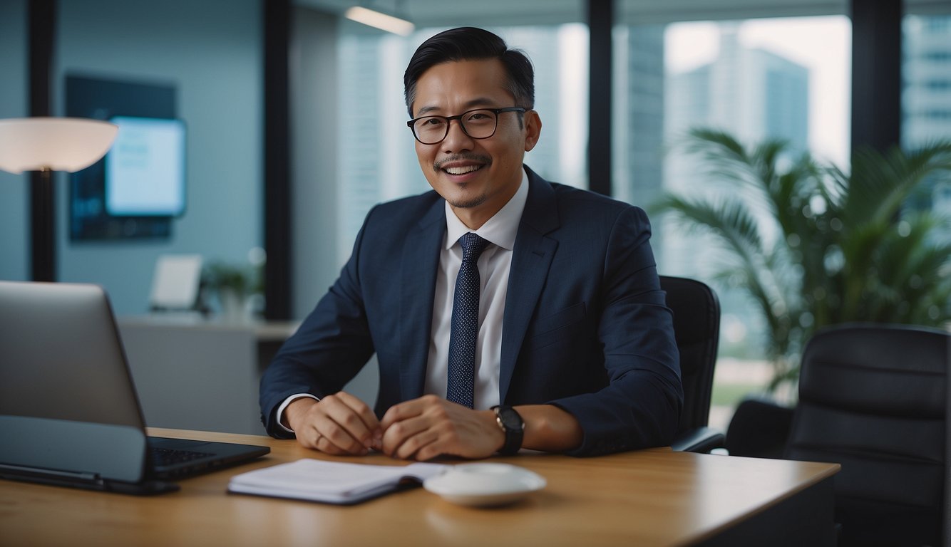 A financial advisor in Singapore answers common questions in an office setting