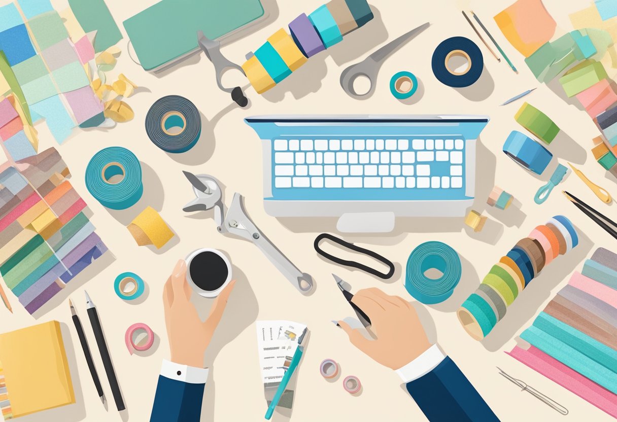 A hand reaches for a large roll of washi tape, surrounded by various craft supplies and tools on a cluttered desk
