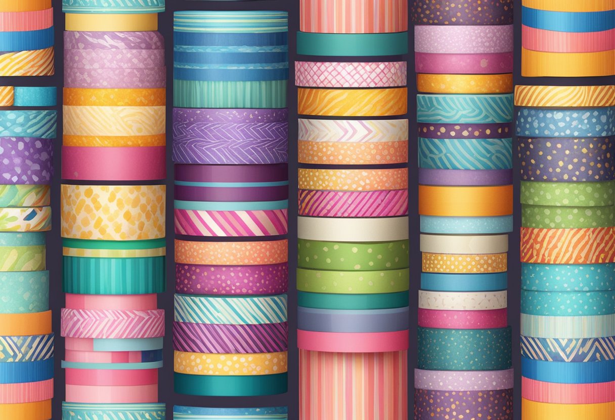 Colorful washi tape rolls stacked on a table, with one large roll standing out. Bright, patterned designs on the tape