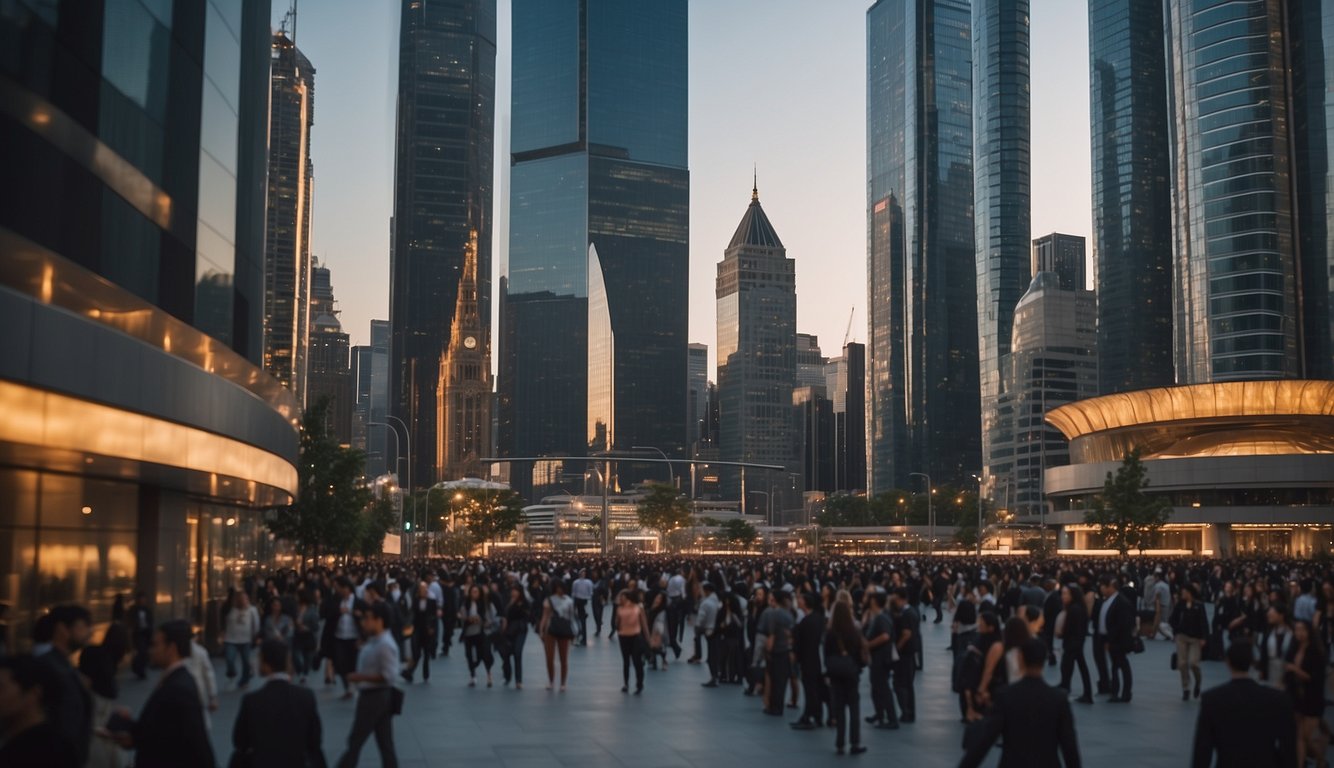 A bustling cityscape with skyscrapers and a diverse range of people working and striving for success