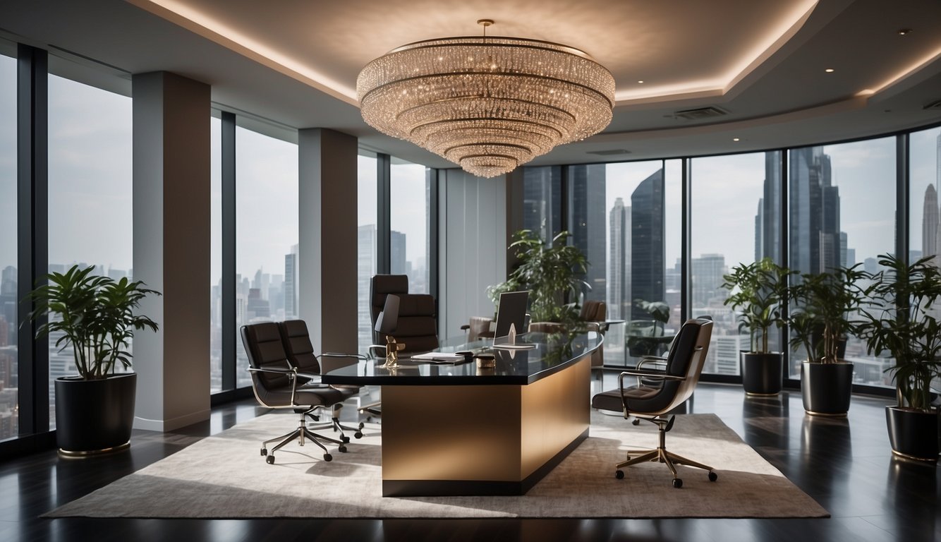 A luxurious office setting with modern furniture and sophisticated decor, showcasing the logo of "Comprehensive Wealth Management Services" in the backdrop
