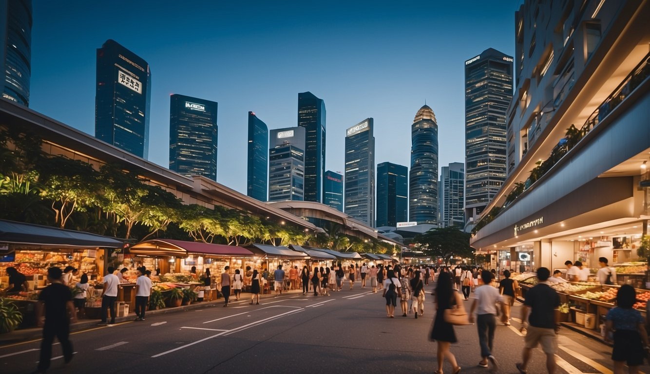 A bustling Singapore street with modern buildings and bustling markets, showcasing the city's vibrant energy and diverse culture