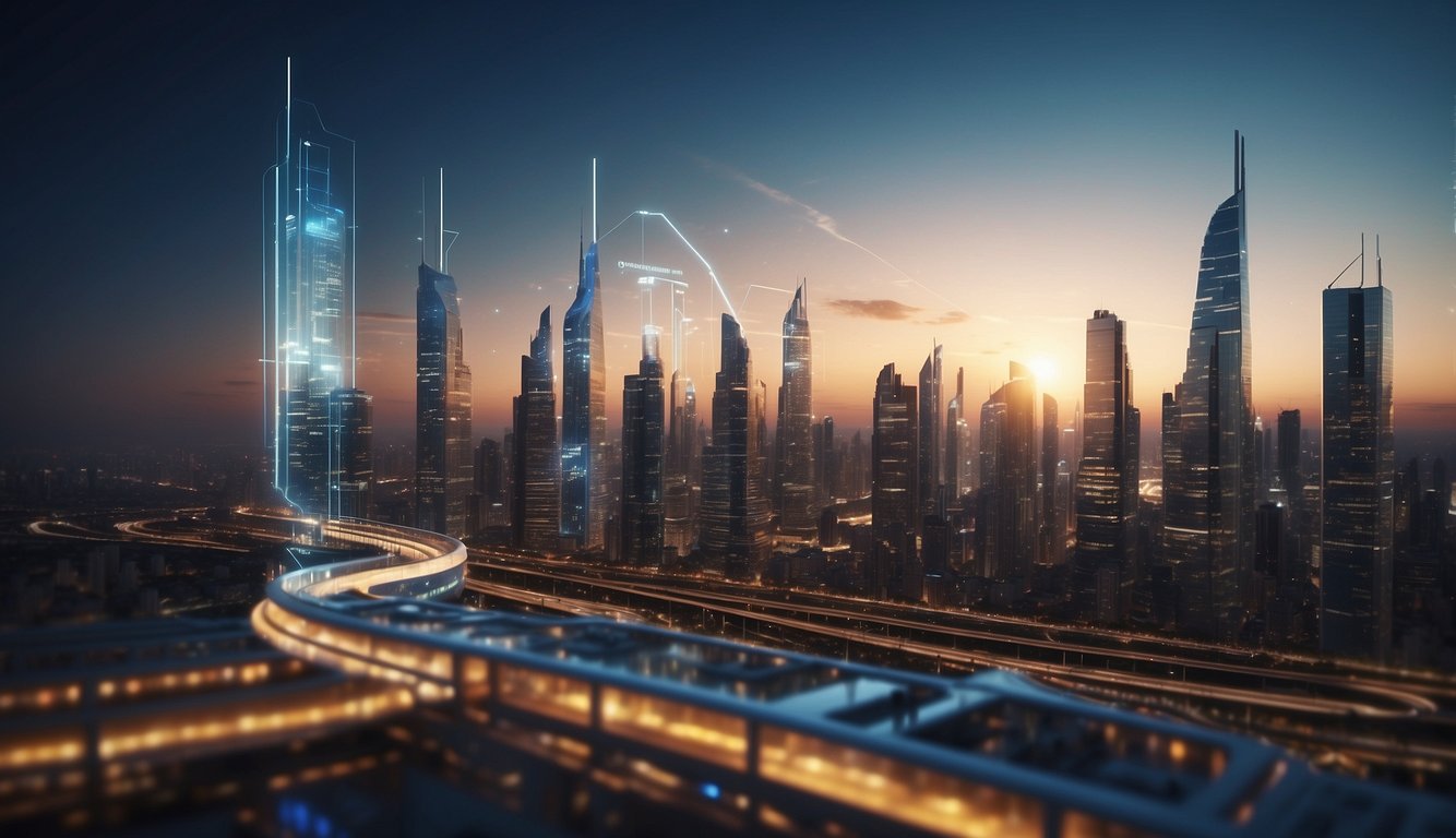 A futuristic city skyline with income charts and graphs projected in the sky. The city is bustling with advanced technology and modern infrastructure