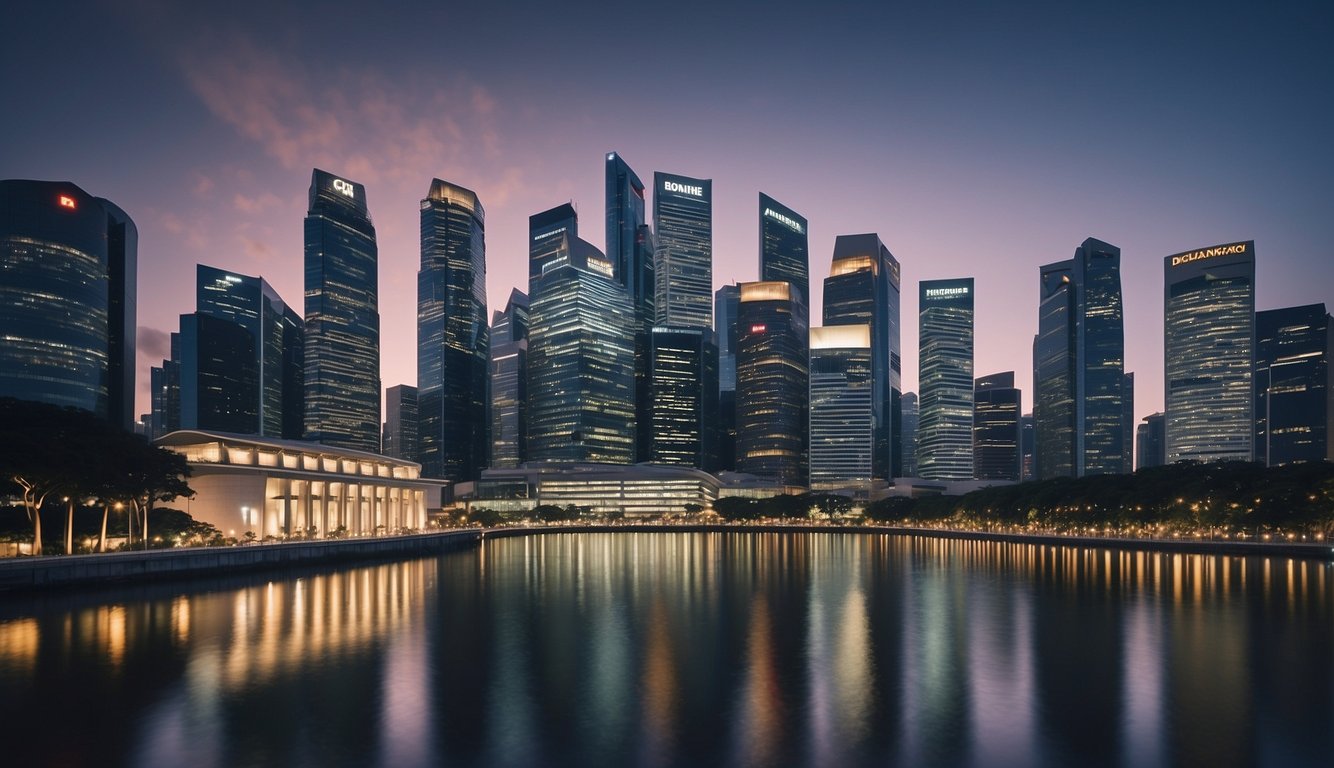 A bustling financial district with skyscrapers and a modern, sleek private banking office in Singapore