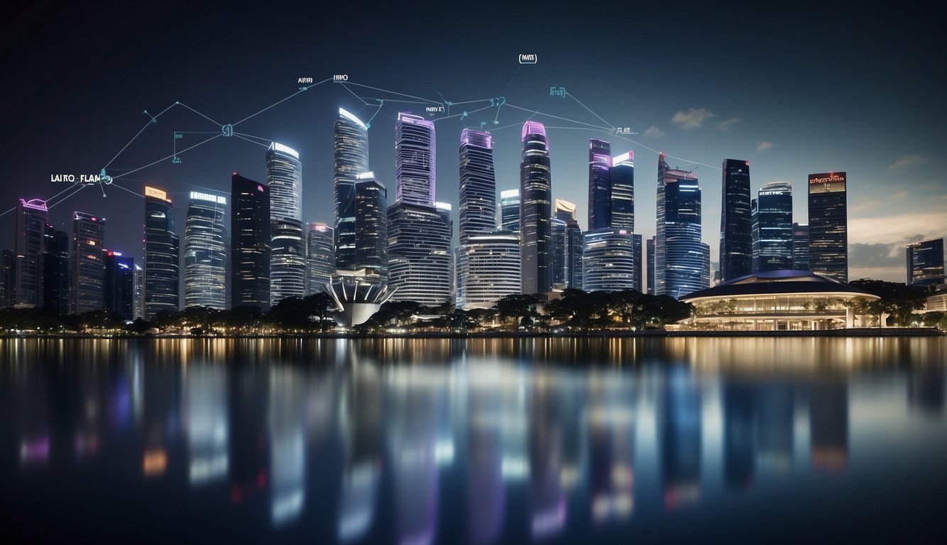 A Singapore skyline with a graph showing income trends, surrounded by icons representing various income management strategies