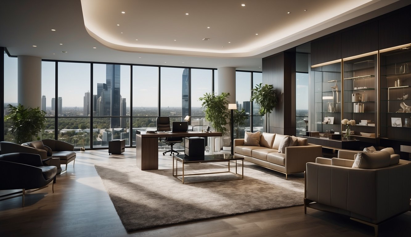 A luxurious office setting with modern decor and high-end furnishings, with a bank representative providing personalized financial services to a high-net-worth individual