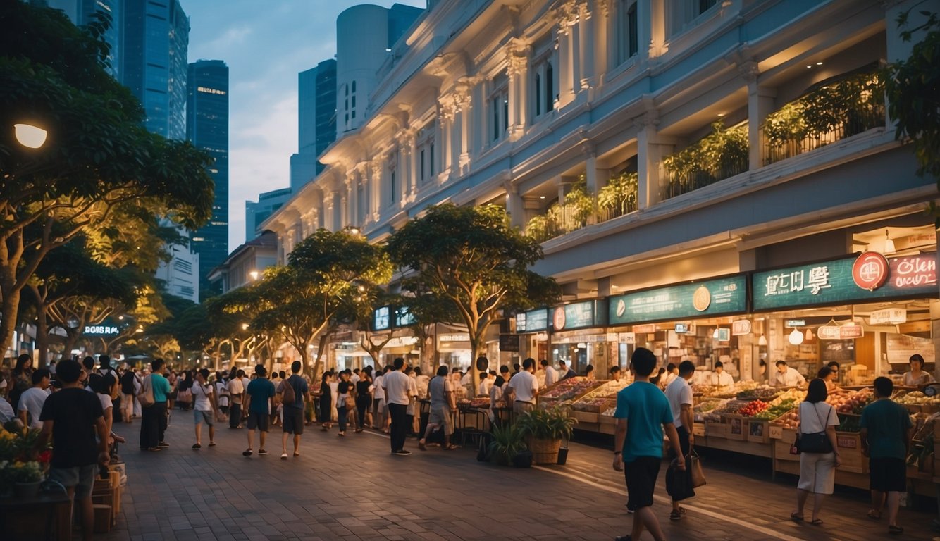 A bustling Singapore street with diverse shops and restaurants, showcasing the city's economic activity and cultural diversity