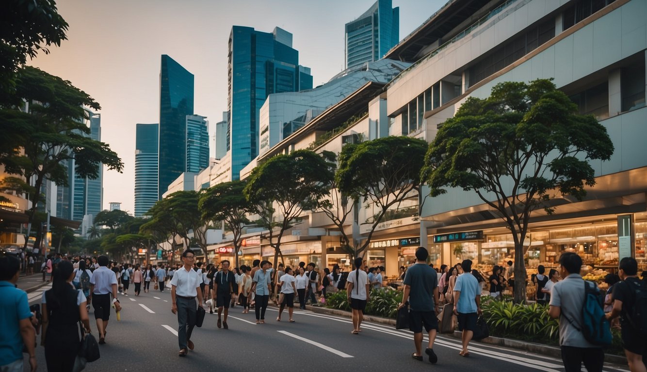 A bustling Singapore street with diverse buildings and people, reflecting the city's economic activity and income diversity