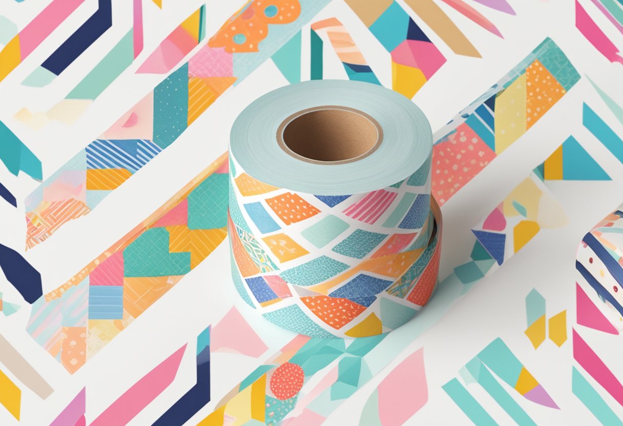 A jumbo roll of washi tape sits on a clean, white surface, surrounded by colorful, patterned designs. The tape is neatly wound and ready for use