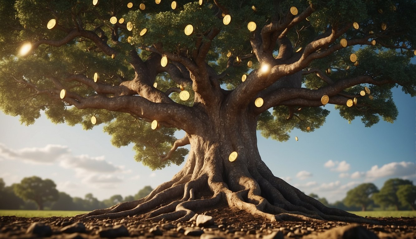 A grand oak tree stands tall and strong, its roots deeply embedded in the earth. Surrounding the tree are symbols of wealth and prosperity, such as gold coins and precious gems, representing the idea of securing one's legacy through private banking