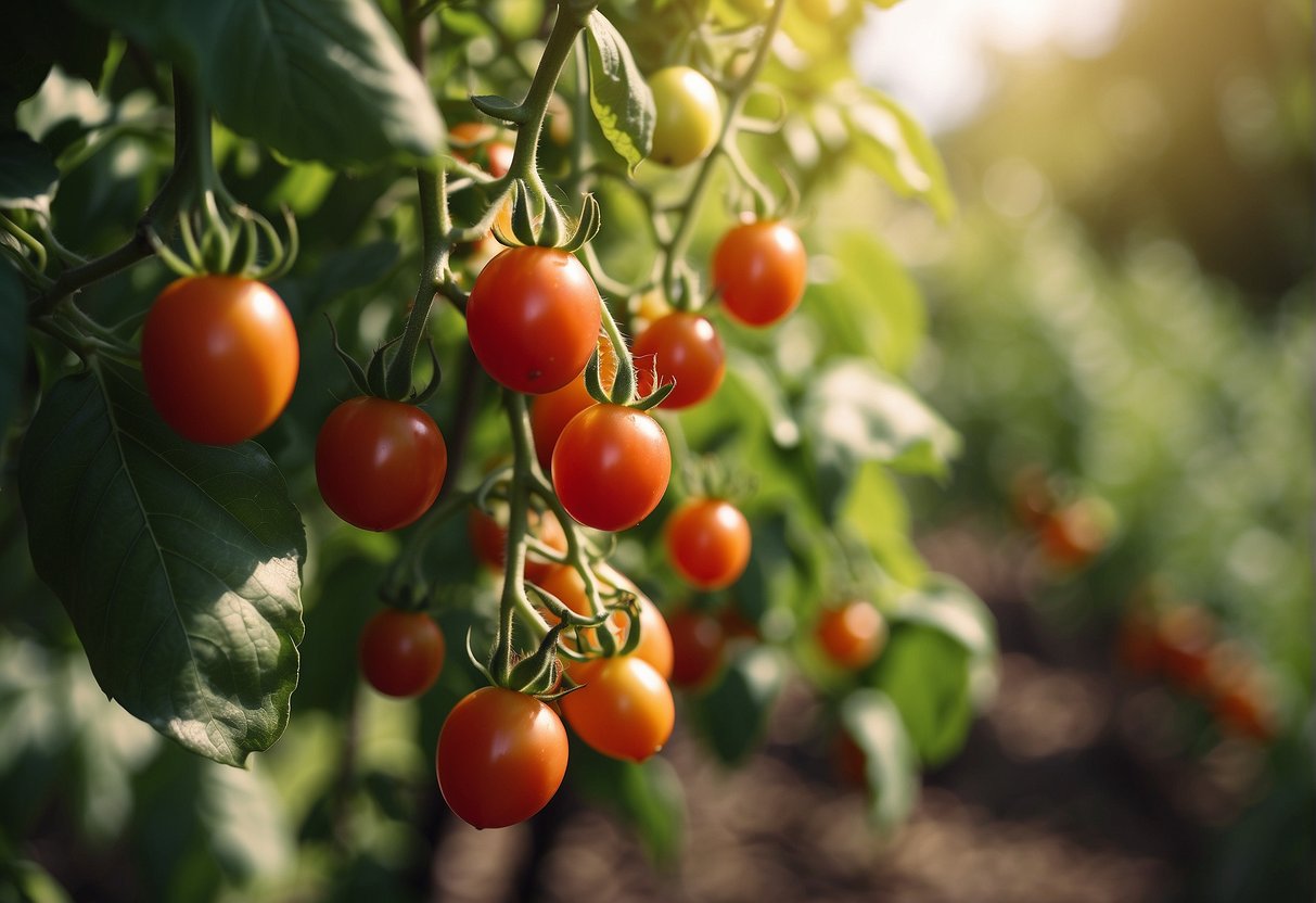 Plum tomatoes growing on healthy, green vines in a sunlit garden
