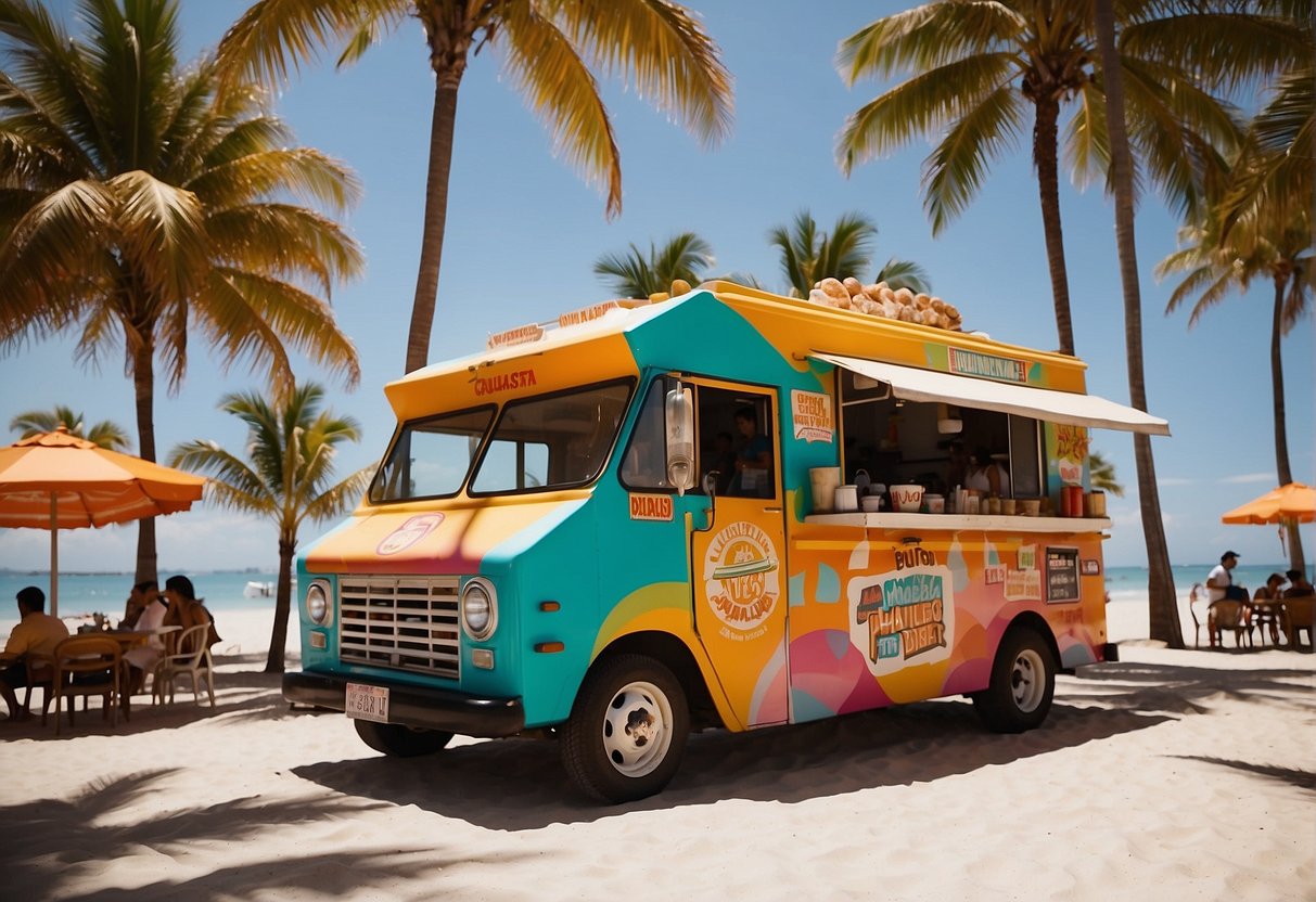 A colorful food truck sits on a sunny beach, serving up fresh, sugary malasadas to a line of eager customers. Palm trees sway in the background as the scent of fried dough fills the air