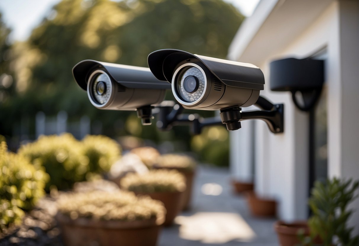 Several wireless surveillance cameras are strategically placed around a modern home, capturing different angles and areas for security monitoring