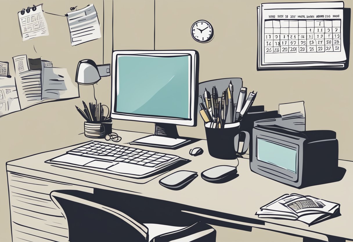 A cluttered desk with a computer, notebook, and pen. A calendar on the wall with highlighted dates. A clock showing a specific time