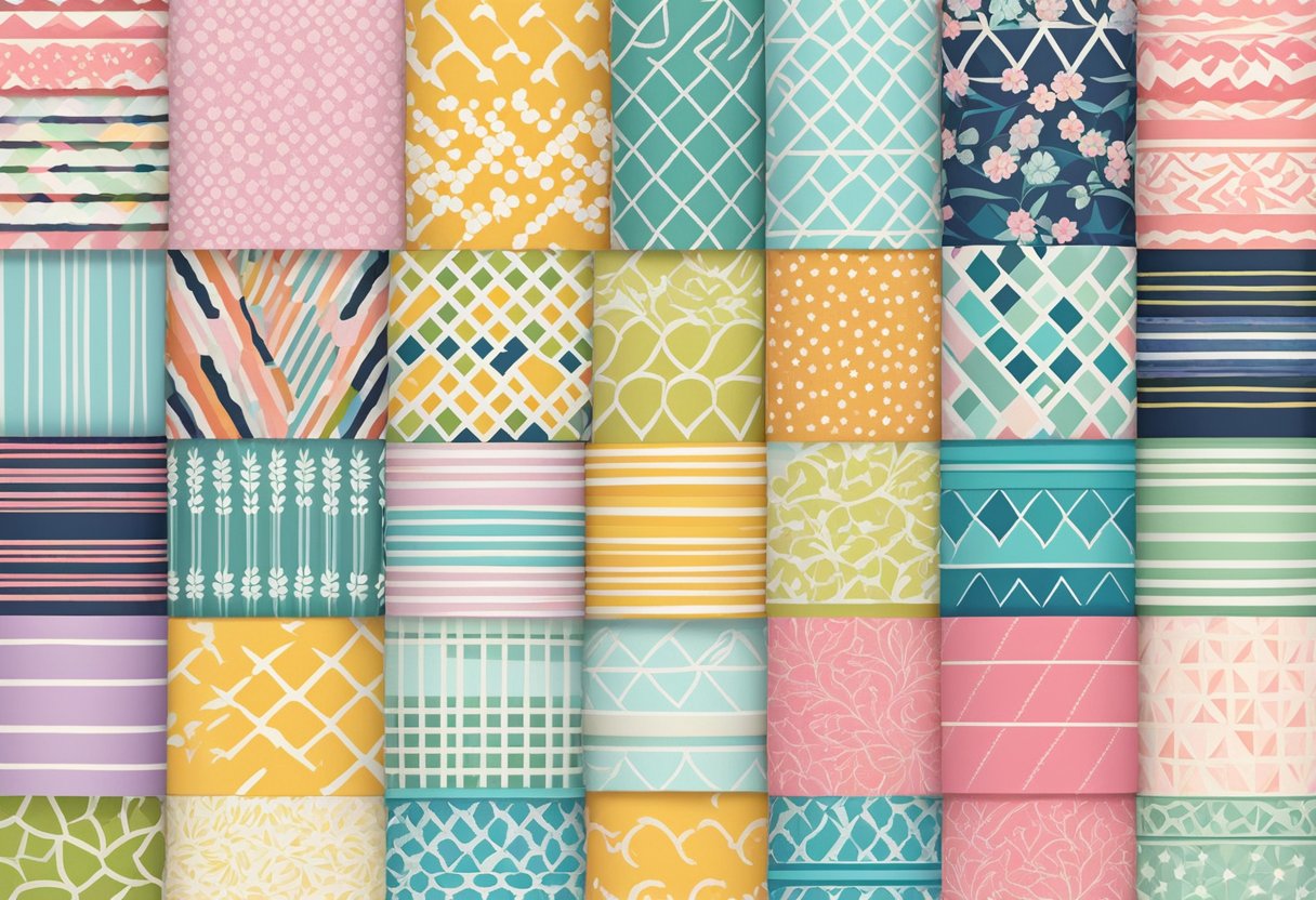 A colorful array of washi tape rolls arranged in a neat row, with various patterns and designs, including florals, geometrics, and abstracts