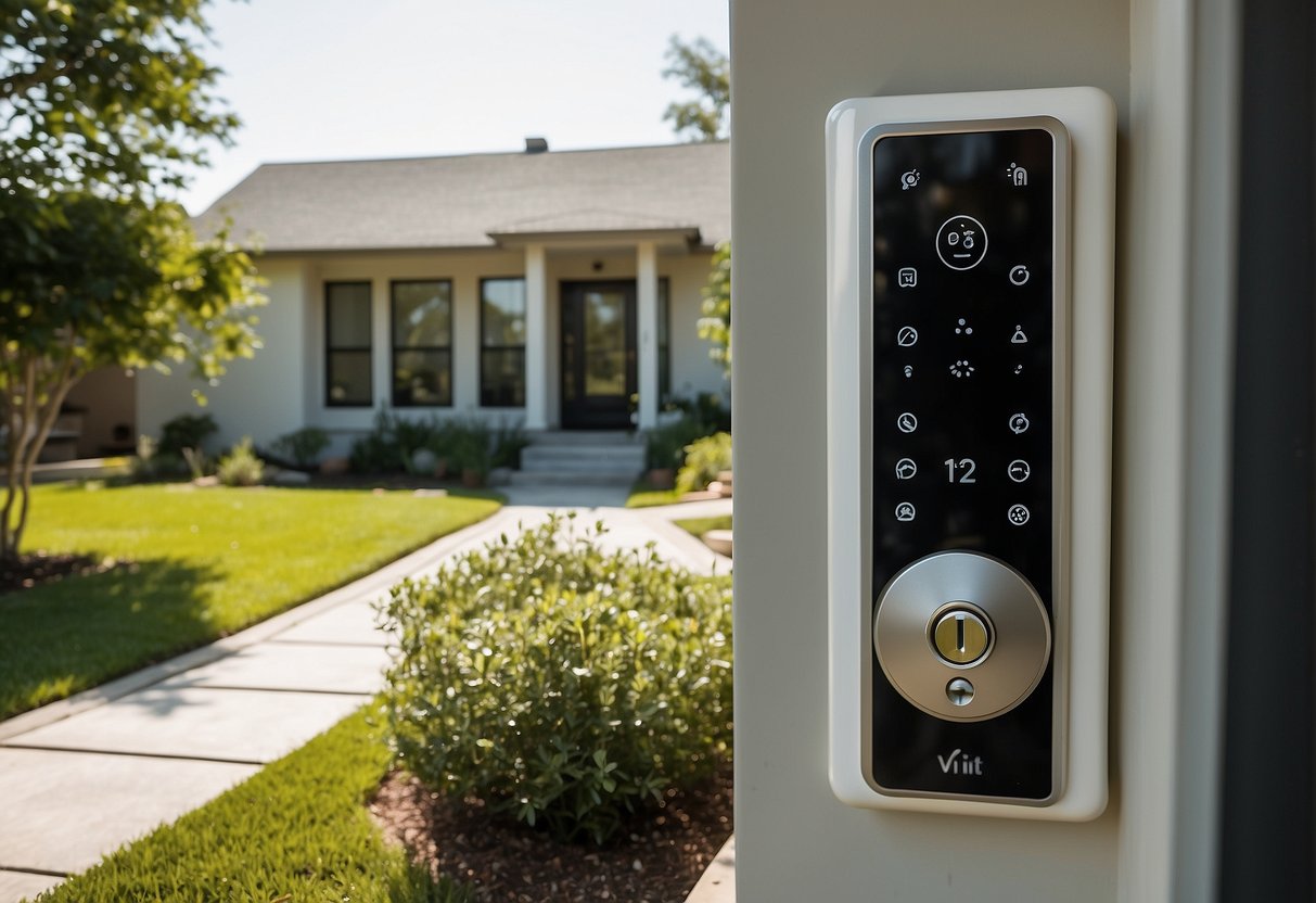 A modern home with Vivint security system: cameras, door sensors, and smart lock on the front door