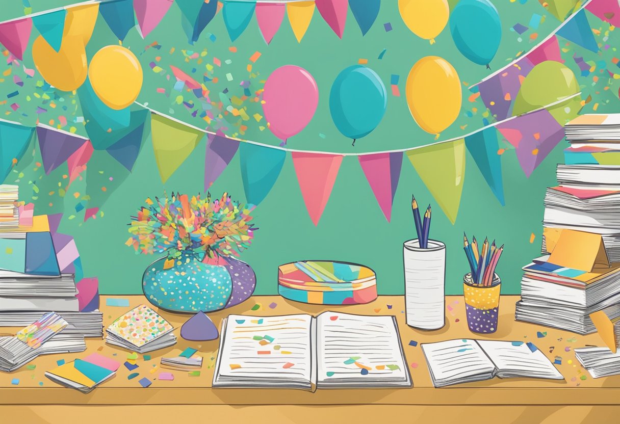 A table with colorful pens, paper, and a stack of greeting cards. A banner reads "Celebrate Life Events" as confetti decorates the scene