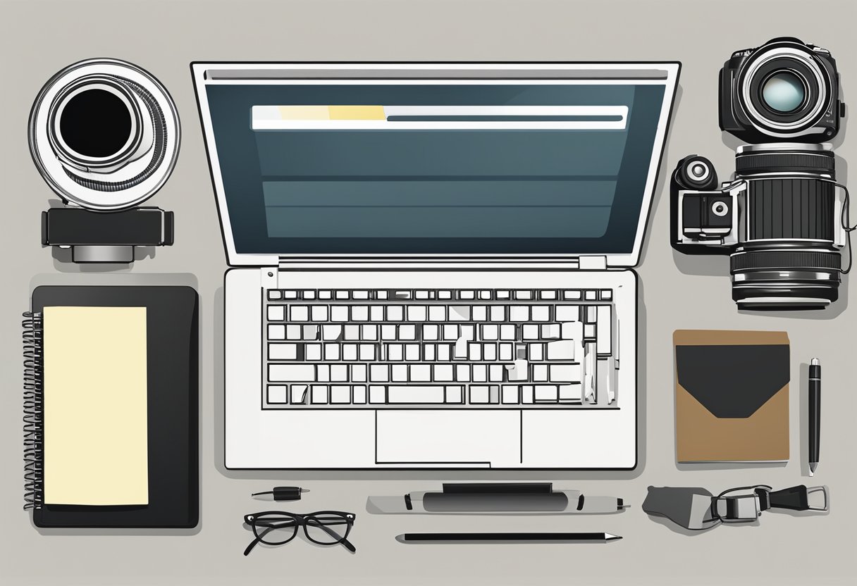 A camera, computer, and lighting equipment arranged on a desk with a notepad and pen for planning stock photography concepts