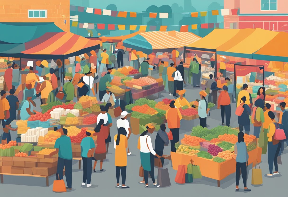 A bustling market with vendors selling various goods, customers browsing and making purchases. Bright colors, diverse products, and lively atmosphere
