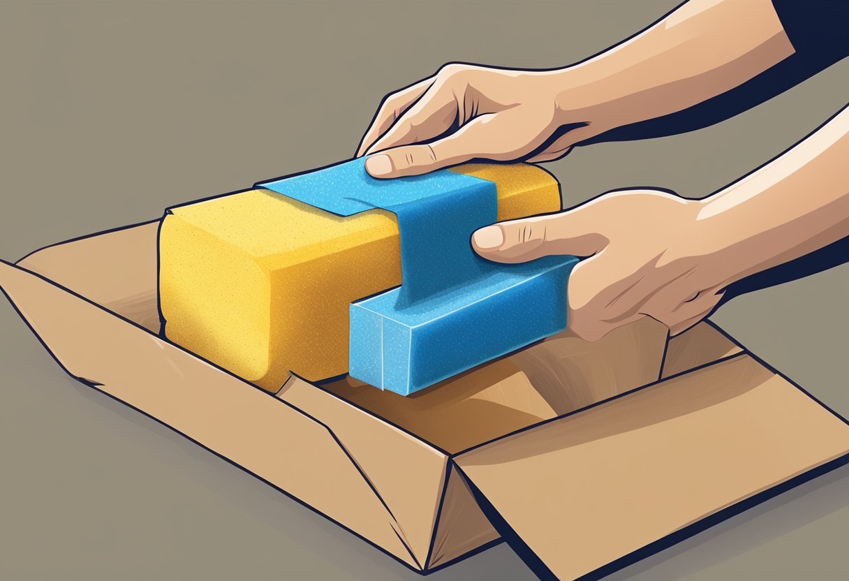 A hand holding a wet sponge and applying it to a roll of kraft tape, causing the tape to become activated and stick to a cardboard box