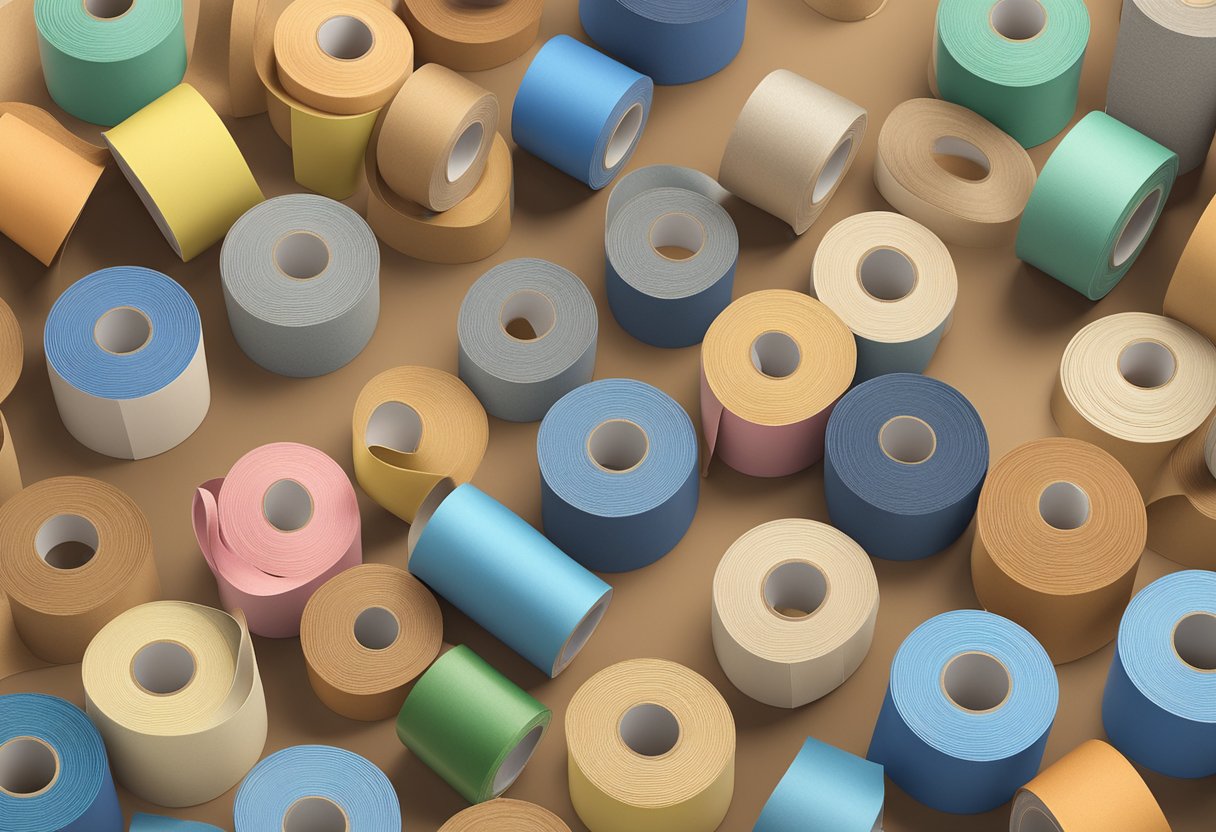 A roll of water activated kraft tape sits on a wooden table, surrounded by various types and colors of the tape