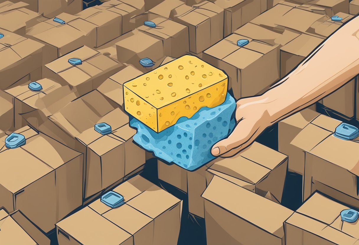 A hand holding a wet sponge applies water to kraft tape, causing it to activate and adhere to a cardboard box