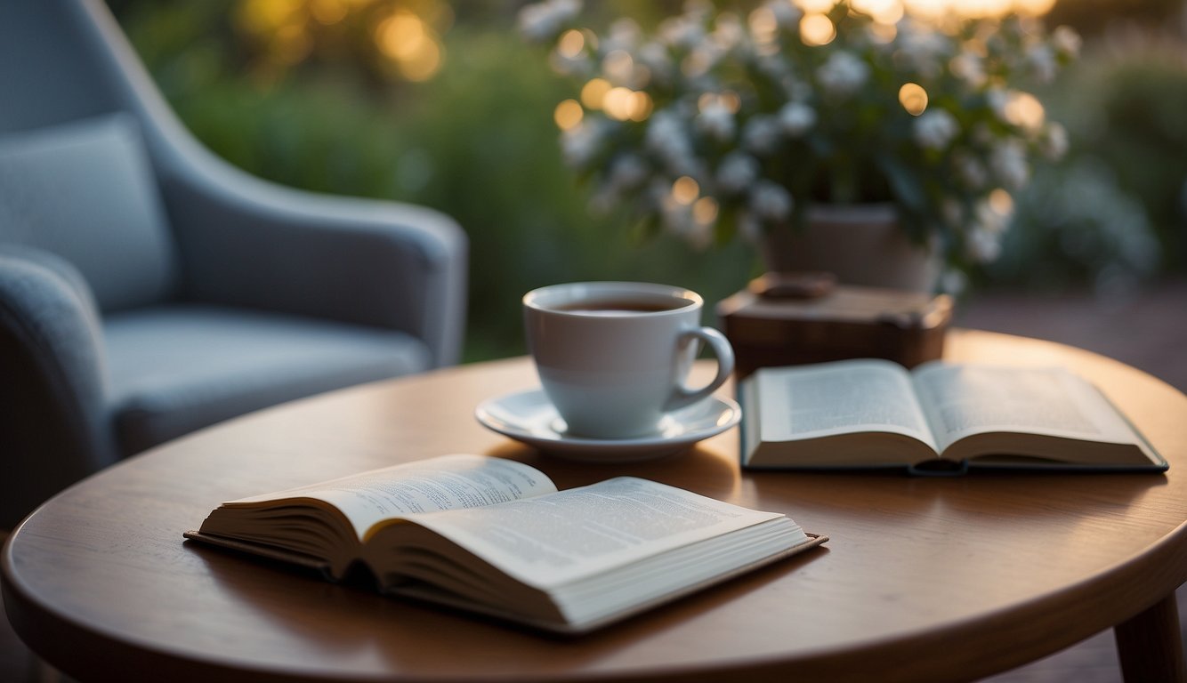 A serene setting with a cozy chair, soft lighting, and an open journal on a table. A warm cup of tea sits beside the journal, inviting a sense of peace and contemplation