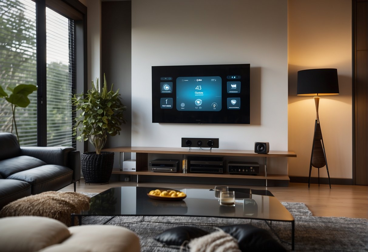 A smart home system being set up, with devices like thermostats, cameras, and speakers connected to a central hub