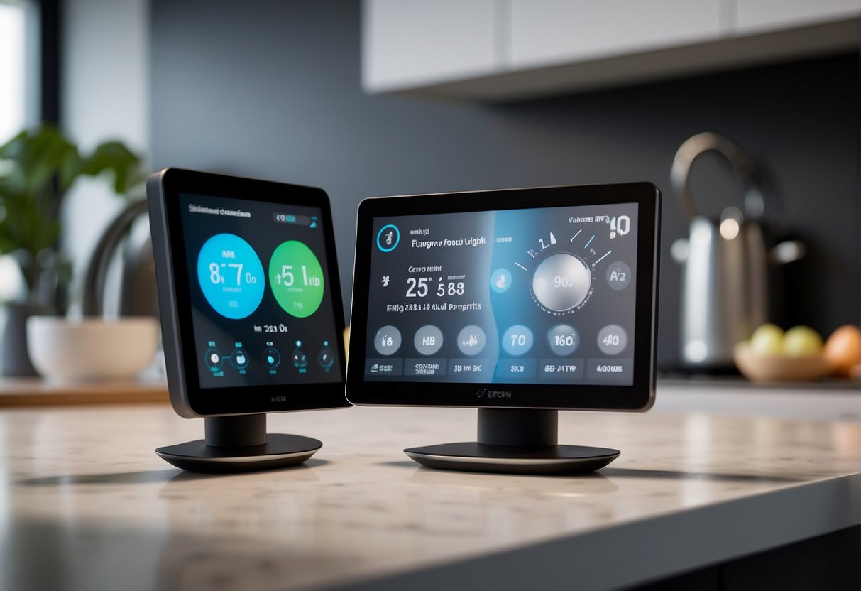 A sleek smart home hub sits on a modern kitchen counter, displaying real-time energy usage and security camera feeds on its touchscreen. Smart bulbs and thermostats are visible in the background