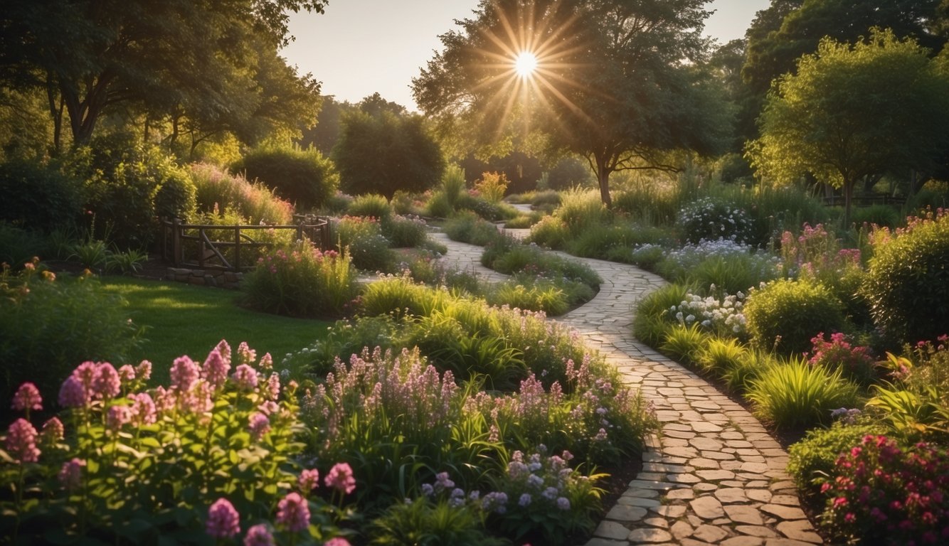 A serene garden with a winding path leading to a peaceful, secluded spot. A gentle stream flows nearby, surrounded by lush greenery and colorful flowers. The sky above is clear and bright, creating a sense of tranquility and connection