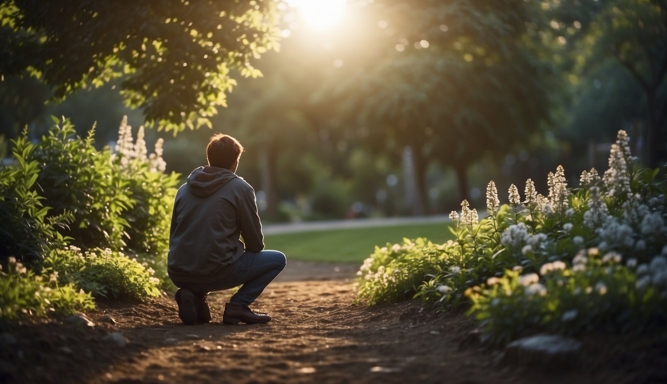 A figure kneels in a serene garden, surrounded by obstacles. Rays of light break through the clouds, symbolizing hope and perseverance in prayer