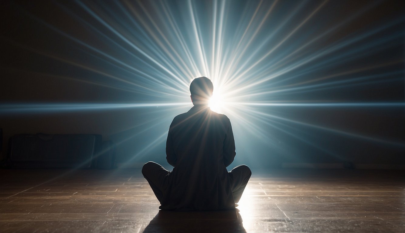 A person kneeling in prayer, surrounded by a glowing aura, with rays of light extending outward, symbolizing the impact of consistent prayer