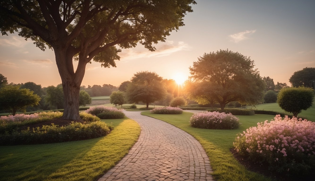 A serene garden with a winding path, leading to a peaceful clearing with a solitary tree. The sky is a warm, soft pink as the sun sets, creating a tranquil atmosphere for prayer
