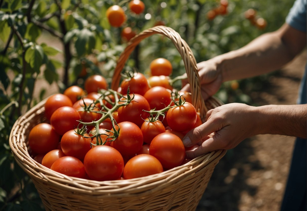 A hand reaching for ripe, plump tomatoes. A basket of assorted tomatoes in the background