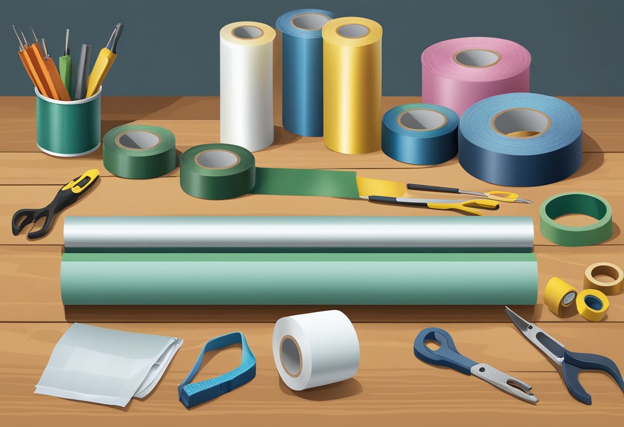 A roll of waterproof cloth tape sits on a workbench, surrounded by tools and materials. The tape is unraveled, showing its durable and water-resistant properties