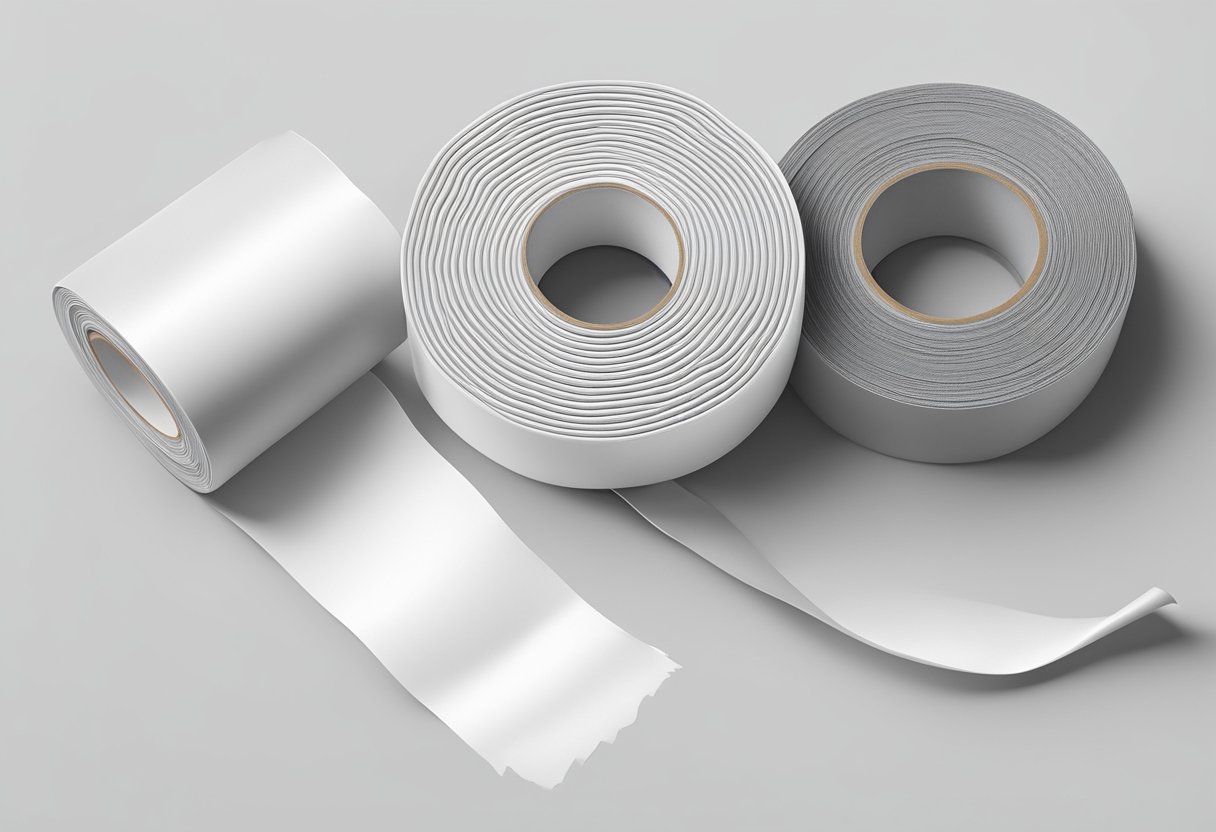 A roll of waterproof cloth tape sits on a clean, white surface, with the end of the tape curled up slightly, ready to be pulled and torn