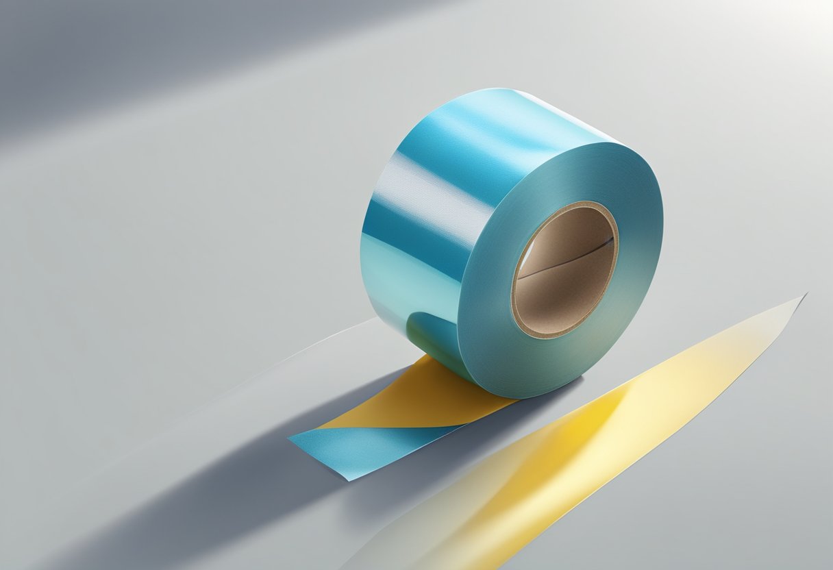A roll of waterproof fiberglass tape lies on a smooth, flat surface, with its shiny, durable material catching the light. The tape is neatly wound and ready for use