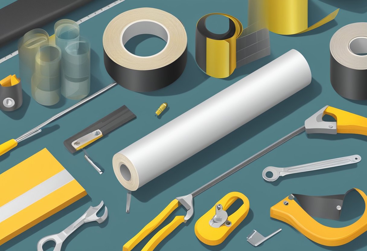 A roll of waterproof fiberglass tape lies on a workbench, surrounded by tools and materials for repair work