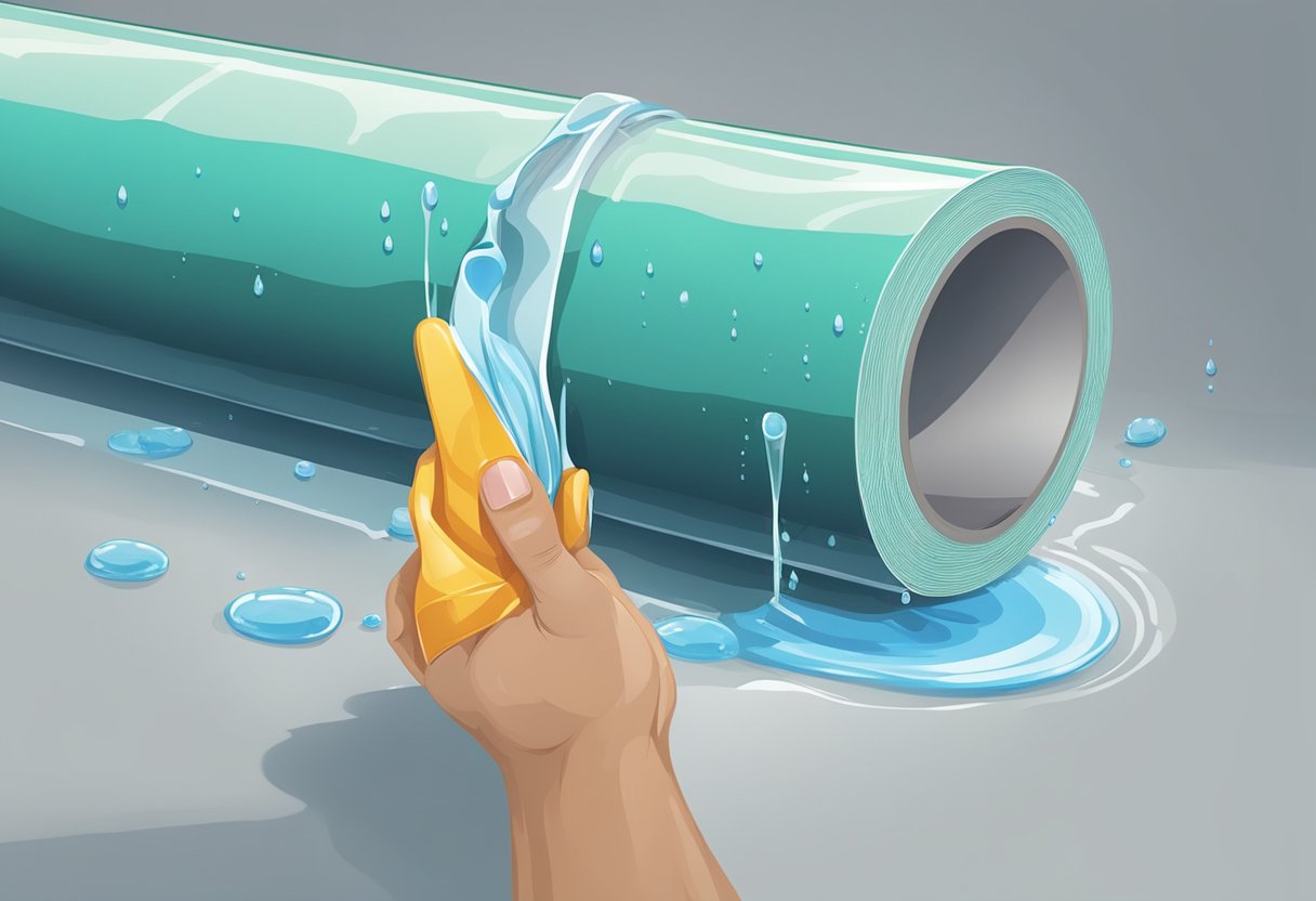 A hand holding a roll of waterproof fiberglass tape, wrapping it around a leaking pipe. Water droplets and a repaired pipe in the background